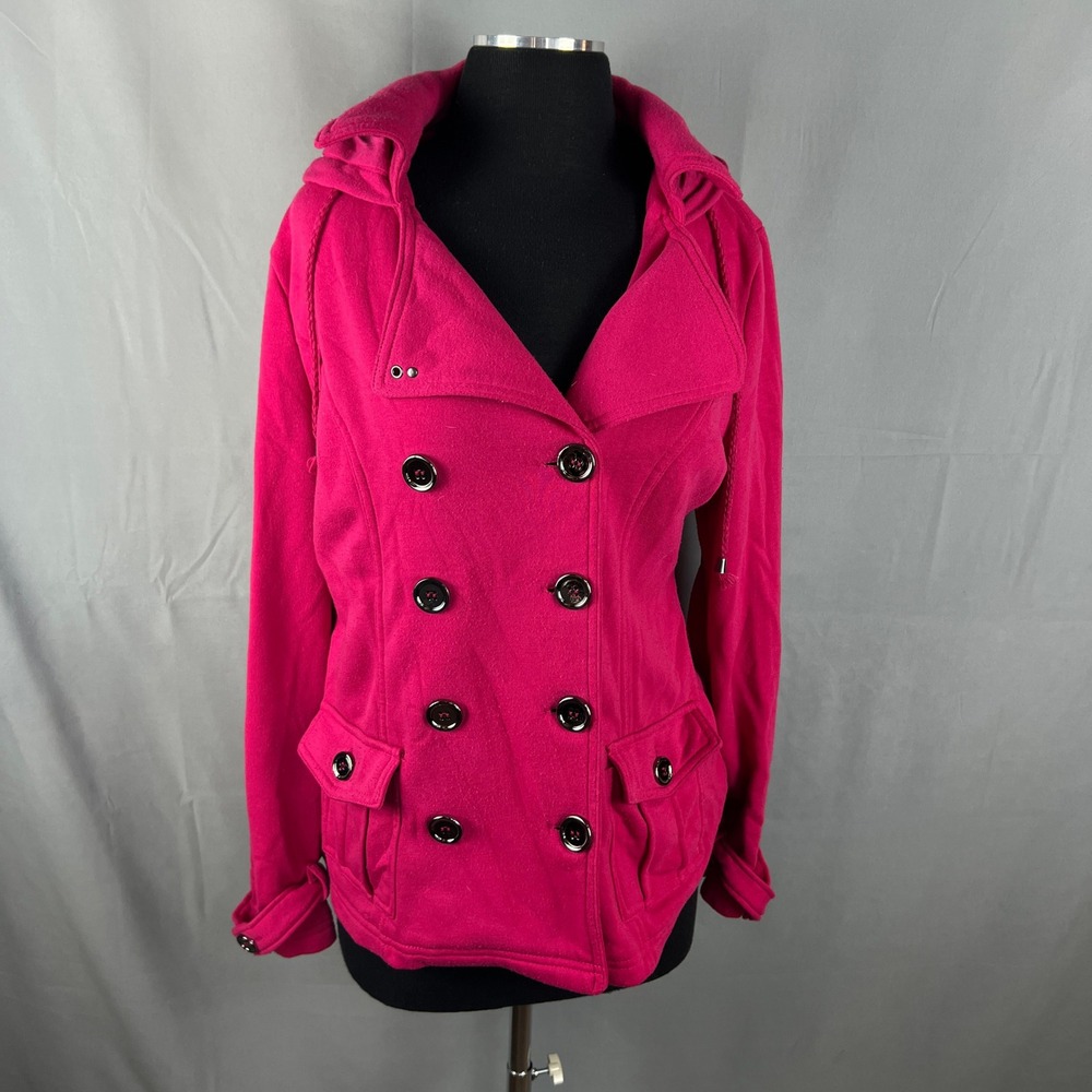 Bongo Peacoat Womens Large Pink Fleece Lined Double Breasted Hooded Flap Pocket